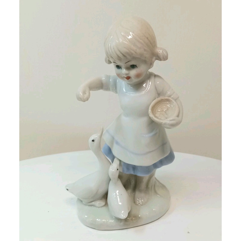 VTG Lego Glazed Porcelain Dutch Holland Girl Feeding Geese Blue White 1950s